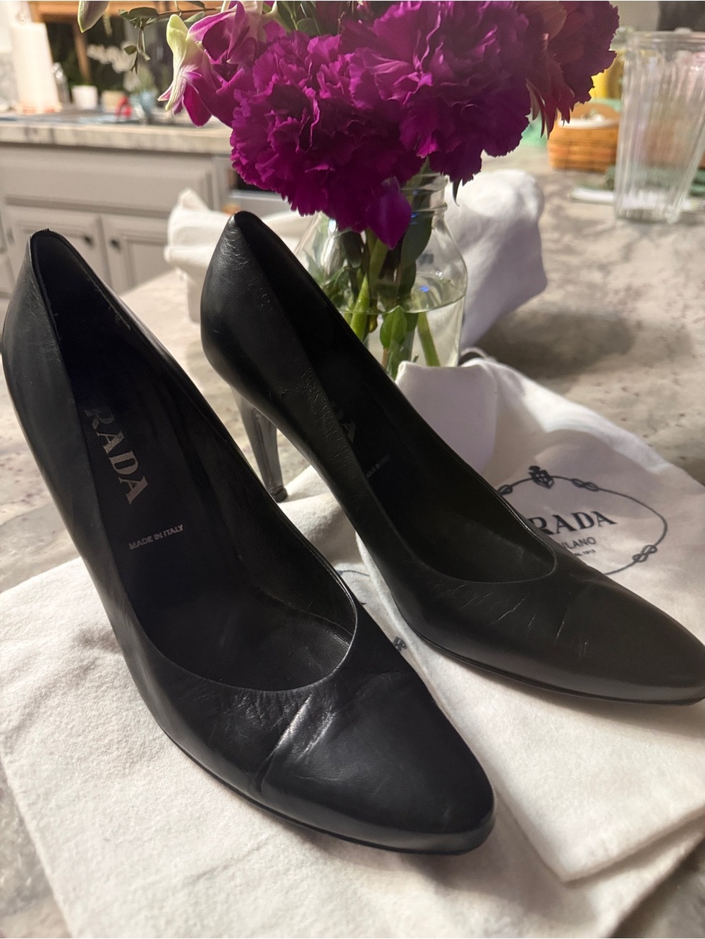 Prada Black Leather Pointed-Toe Stiletto Pumps - Picture 2 of 7